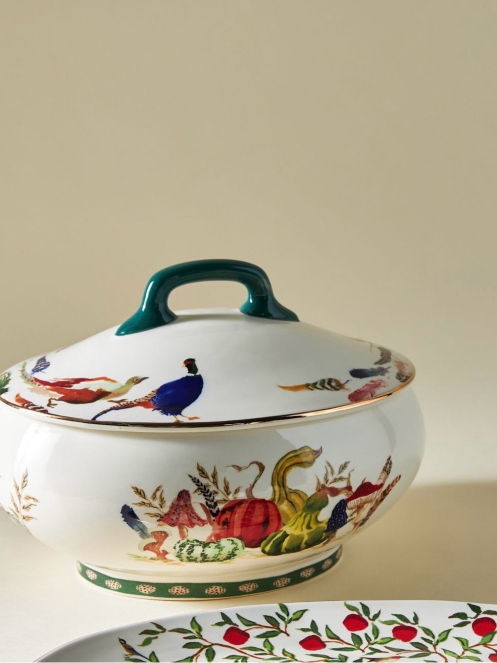 Anthropologie White Ceramic Lidded Serving Bowl with Multicolor Harvest Motif